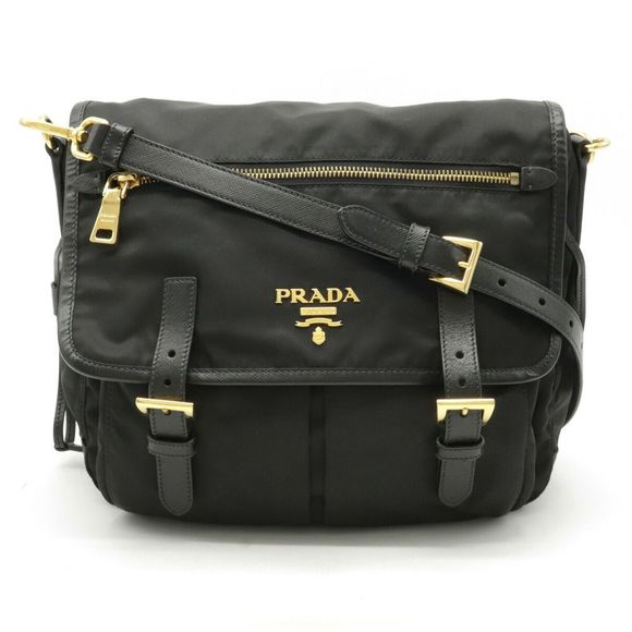 Prada Diagonal Messenger Bag Nylon Leather Nero Black Shoulder Bag